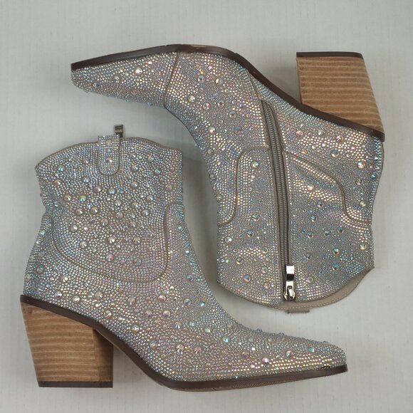 NWOT Bieoshli Silver Rhinestone Western Cowboy Ankle Boots - Picture 2 of 7